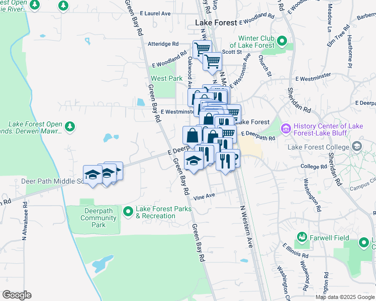 map of restaurants, bars, coffee shops, grocery stores, and more near 165 Deerpath in Lake Forest