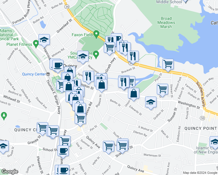 map of restaurants, bars, coffee shops, grocery stores, and more near 10 Glynn Terrace in Quincy