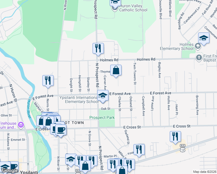 map of restaurants, bars, coffee shops, grocery stores, and more near 706 Carver Avenue in Ypsilanti