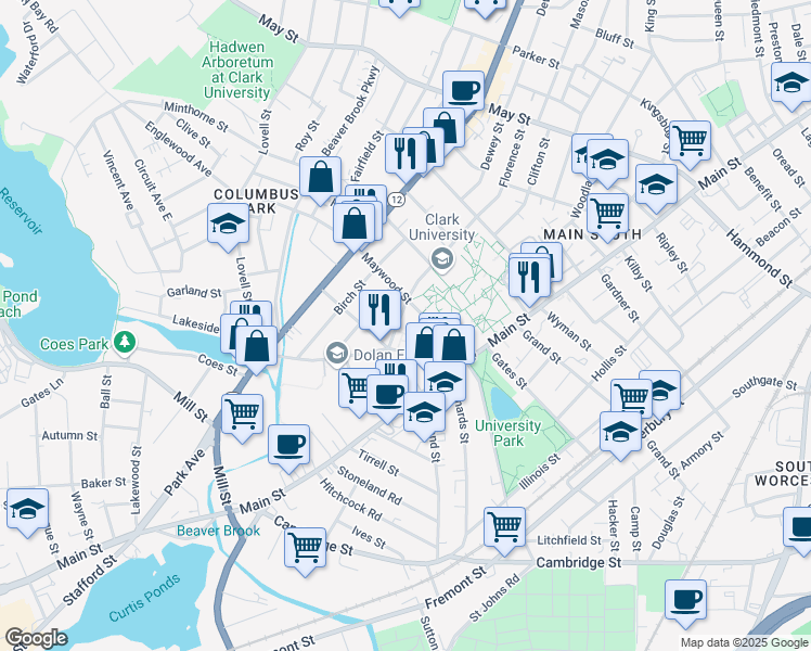 map of restaurants, bars, coffee shops, grocery stores, and more near 75 Florence Street in Worcester