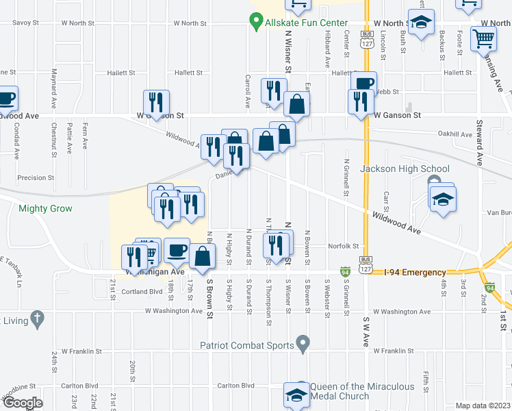 map of restaurants, bars, coffee shops, grocery stores, and more near 215 N Durand St in Jackson