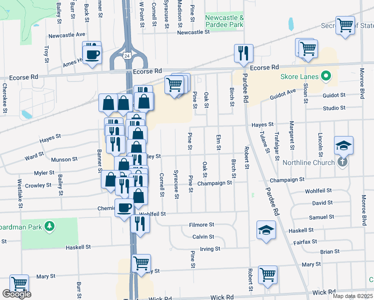 map of restaurants, bars, coffee shops, grocery stores, and more near 7950 Pine Street in Taylor