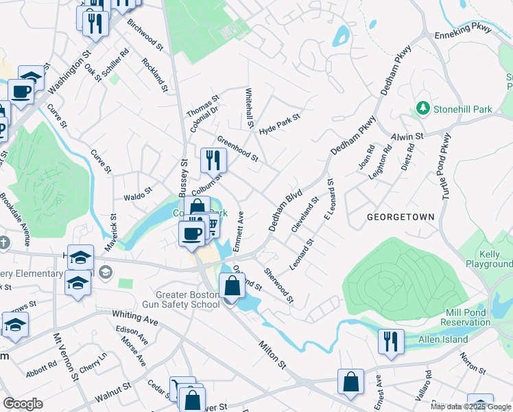 map of restaurants, bars, coffee shops, grocery stores, and more near 17 Odyssey Ln in Dedham