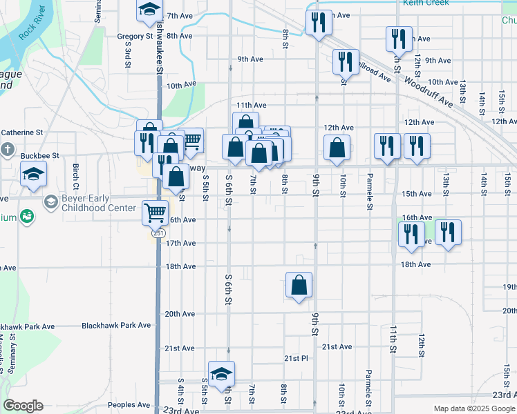 map of restaurants, bars, coffee shops, grocery stores, and more near 1616 7th Street in Rockford