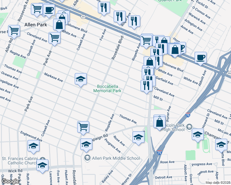 map of restaurants, bars, coffee shops, grocery stores, and more near 14563 Regina Avenue in Lincoln Park
