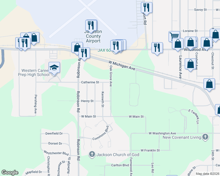 map of restaurants, bars, coffee shops, grocery stores, and more near 232 Oak Grove Avenue in Jackson
