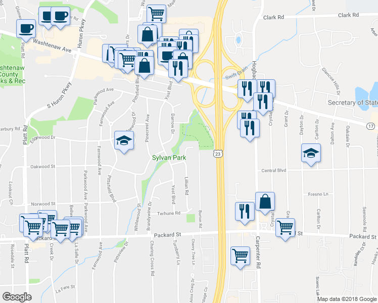 map of restaurants, bars, coffee shops, grocery stores, and more near 3640 Eli Road in Ann Arbor