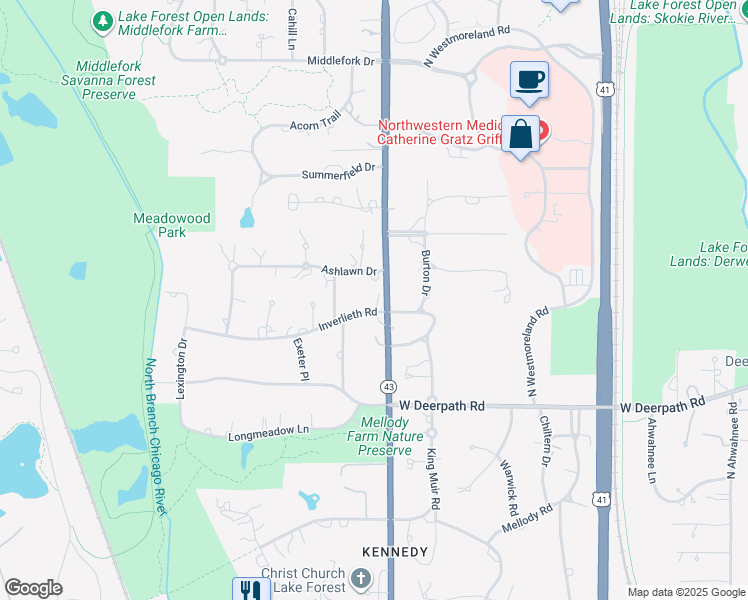 map of restaurants, bars, coffee shops, grocery stores, and more near 1030 Inverlieth Road in Lake Forest