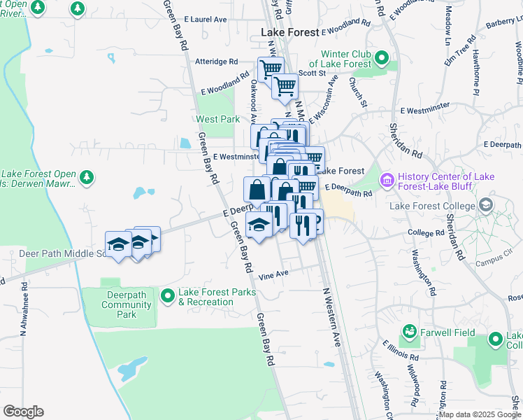 map of restaurants, bars, coffee shops, grocery stores, and more near 165 Deerpath in Lake Forest