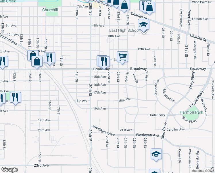 map of restaurants, bars, coffee shops, grocery stores, and more near 1703 22nd Street in Rockford