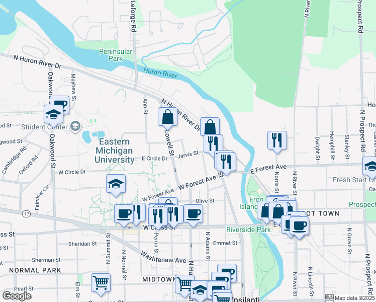 map of restaurants, bars, coffee shops, grocery stores, and more near 308 Jarvis Street in Ypsilanti
