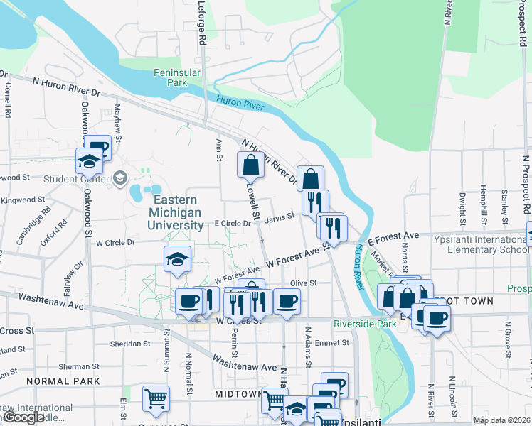 map of restaurants, bars, coffee shops, grocery stores, and more near 326 Jarvis Street in Ypsilanti