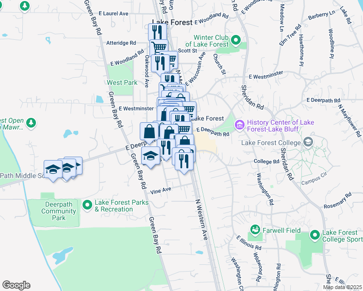 map of restaurants, bars, coffee shops, grocery stores, and more near 596 North Western Avenue in Lake Forest