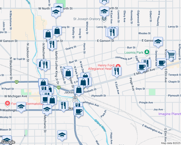 map of restaurants, bars, coffee shops, grocery stores, and more near 801 Detroit Street in Jackson