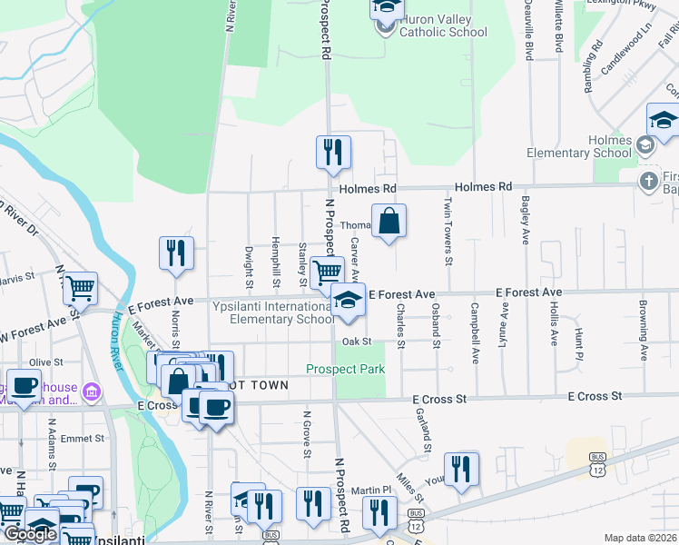 map of restaurants, bars, coffee shops, grocery stores, and more near 706 North Prospect Road in Ypsilanti
