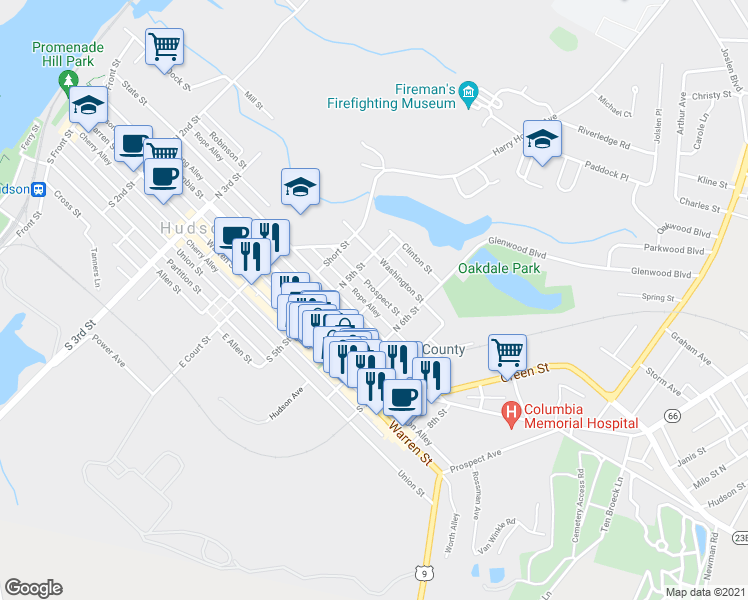 map of restaurants, bars, coffee shops, grocery stores, and more near 68 Dodge Street in Hudson