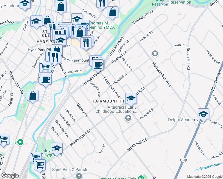 map of restaurants, bars, coffee shops, grocery stores, and more near 213 Fairmount Avenue in Boston