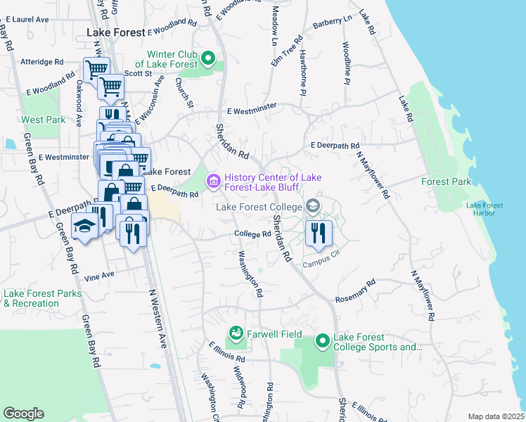 map of restaurants, bars, coffee shops, grocery stores, and more near 600 North Sheridan Road in Lake Forest