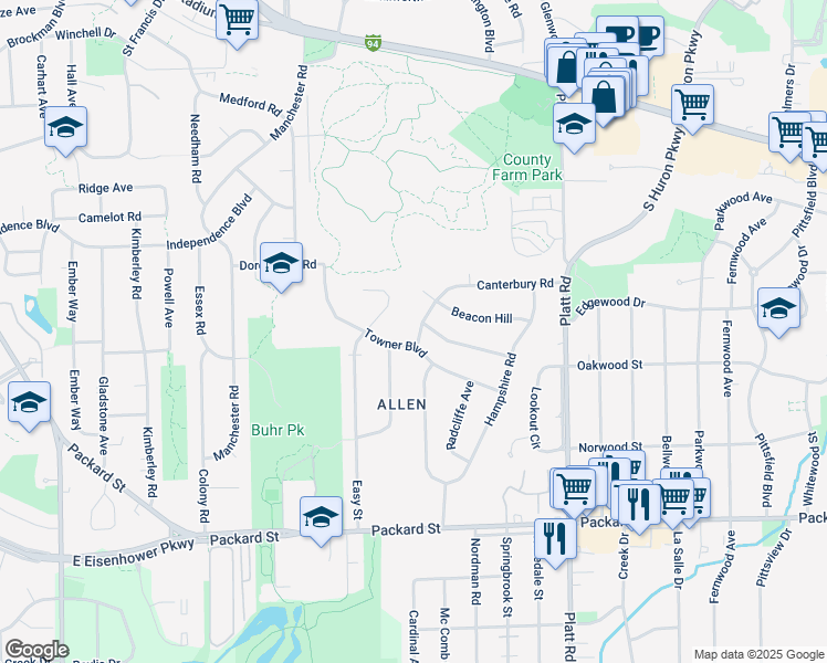 map of restaurants, bars, coffee shops, grocery stores, and more near 2711 Canterbury Road in Ann Arbor