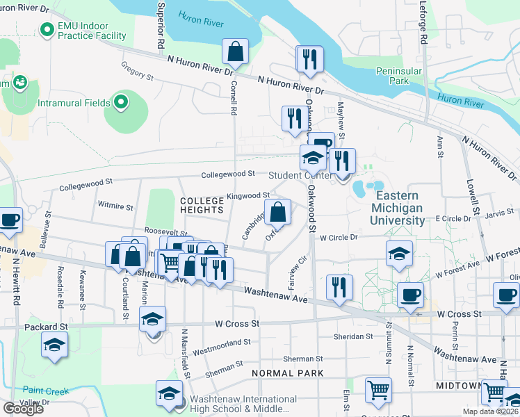 map of restaurants, bars, coffee shops, grocery stores, and more near 721 Cambridge Street in Ypsilanti