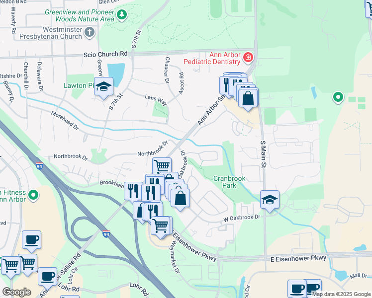 map of restaurants, bars, coffee shops, grocery stores, and more near 390 Rolling Meadows Drive in Ann Arbor