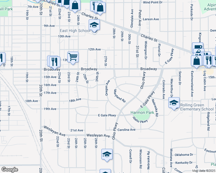 map of restaurants, bars, coffee shops, grocery stores, and more near 1702 Oregon Avenue in Rockford