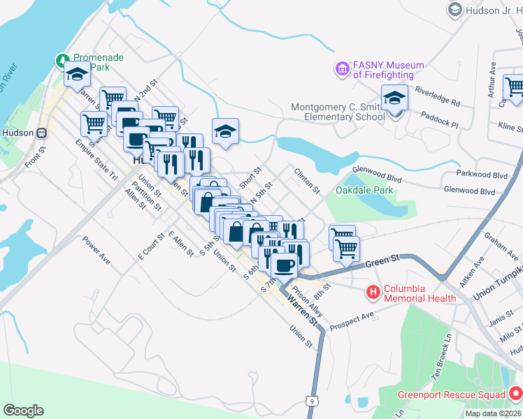 map of restaurants, bars, coffee shops, grocery stores, and more near 44 South 5th Street in Hudson