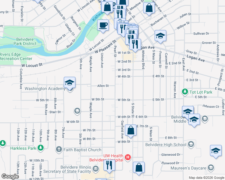 map of restaurants, bars, coffee shops, grocery stores, and more near 1017 Pearl Street in Belvidere