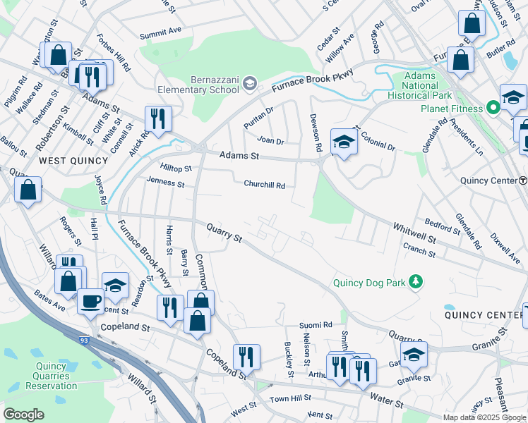 map of restaurants, bars, coffee shops, grocery stores, and more near 285 Quarry Street in Quincy