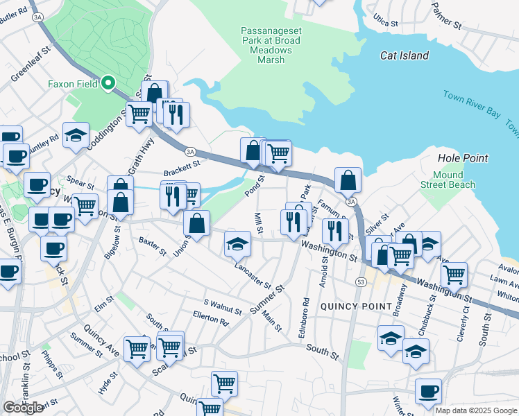 map of restaurants, bars, coffee shops, grocery stores, and more near 43 Mill Street in Quincy