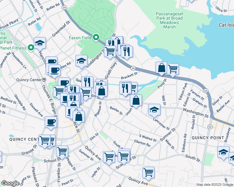 map of restaurants, bars, coffee shops, grocery stores, and more near 196 Washington Street in Quincy
