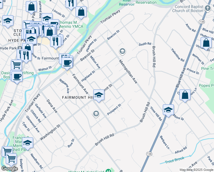 map of restaurants, bars, coffee shops, grocery stores, and more near 50 Summit Street in Boston