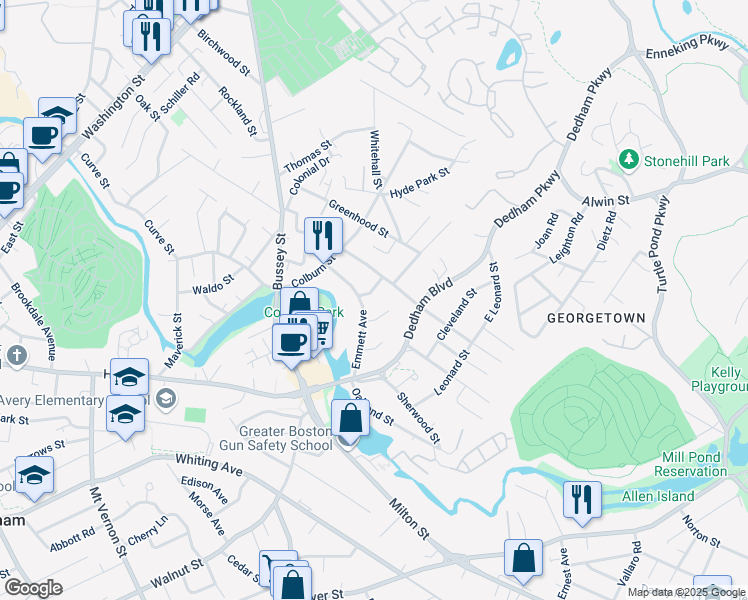 map of restaurants, bars, coffee shops, grocery stores, and more near 17 Odyssey Lane in Dedham