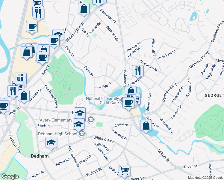 map of restaurants, bars, coffee shops, grocery stores, and more near 253 Colburn Street in Dedham