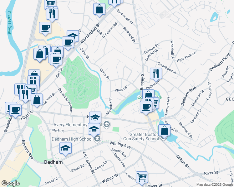 map of restaurants, bars, coffee shops, grocery stores, and more near 22 Denmark Street in Dedham