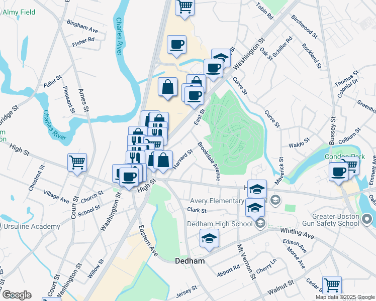 map of restaurants, bars, coffee shops, grocery stores, and more near 54 Harvard Street in Dedham