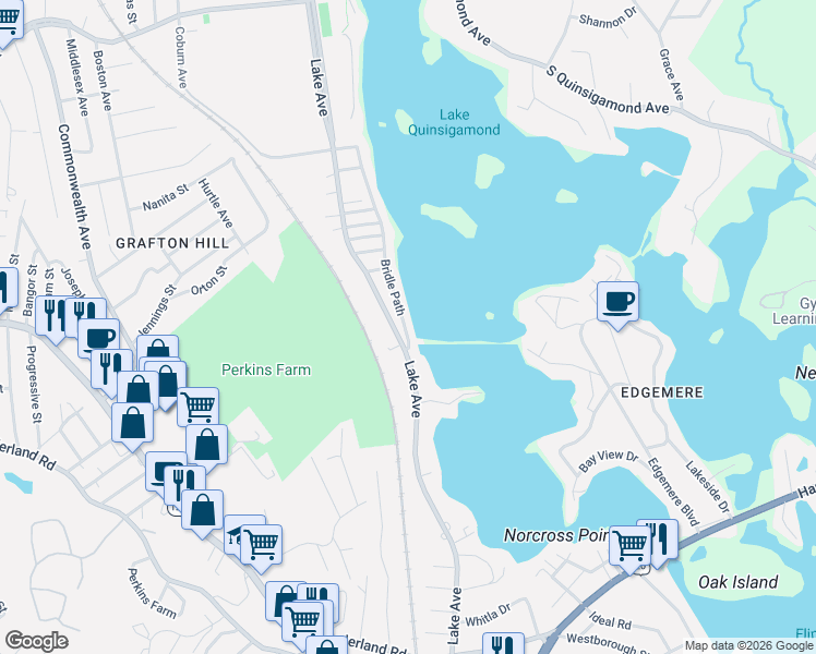 map of restaurants, bars, coffee shops, grocery stores, and more near 397 Bridle Path in Worcester