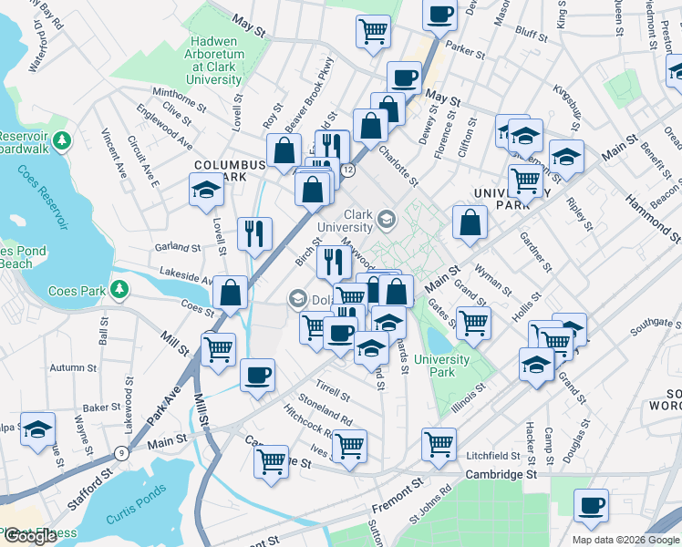 map of restaurants, bars, coffee shops, grocery stores, and more near 75 Florence Street in Worcester