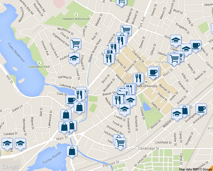 map of restaurants, bars, coffee shops, grocery stores, and more near 11 Oliver Street in Worcester