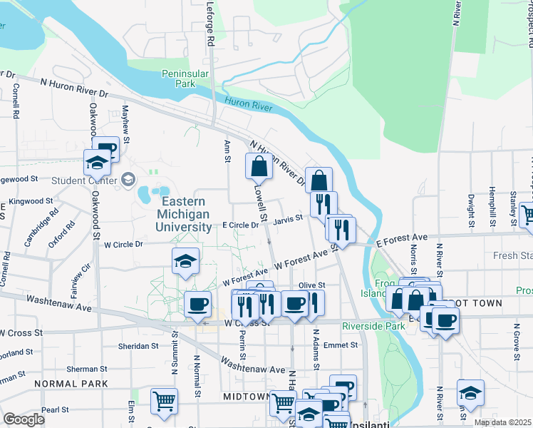 map of restaurants, bars, coffee shops, grocery stores, and more near 334 Jarvis Street in Ypsilanti