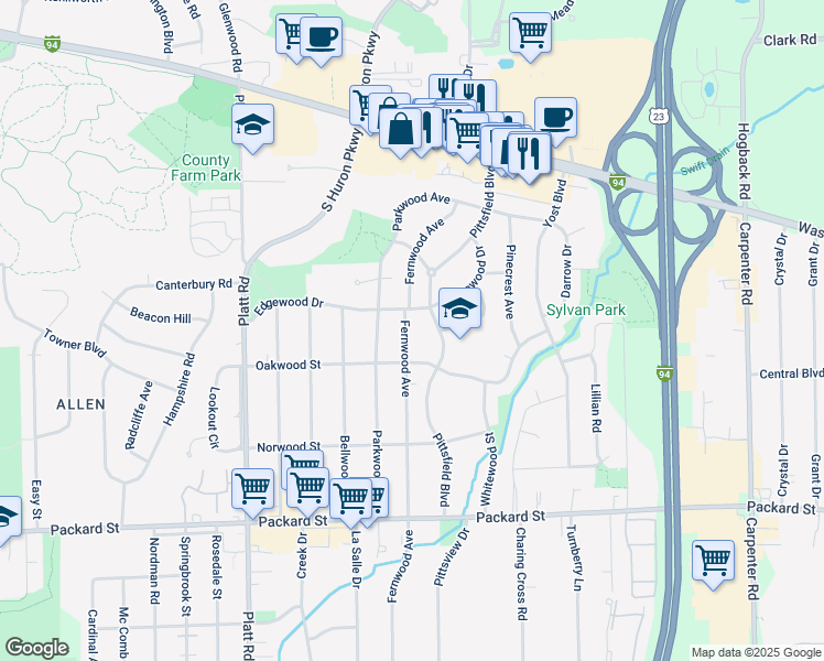 map of restaurants, bars, coffee shops, grocery stores, and more near 2562 Fernwood Avenue in Ann Arbor