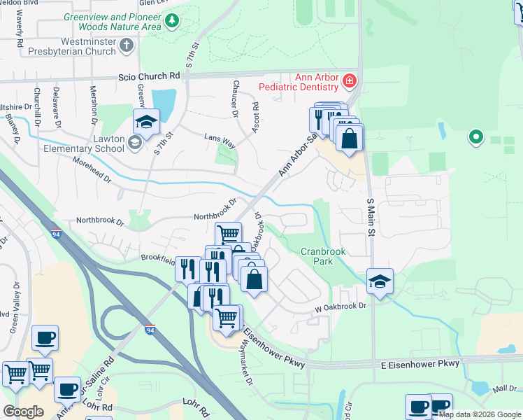 map of restaurants, bars, coffee shops, grocery stores, and more near 390 Rolling Meadows Drive in Ann Arbor