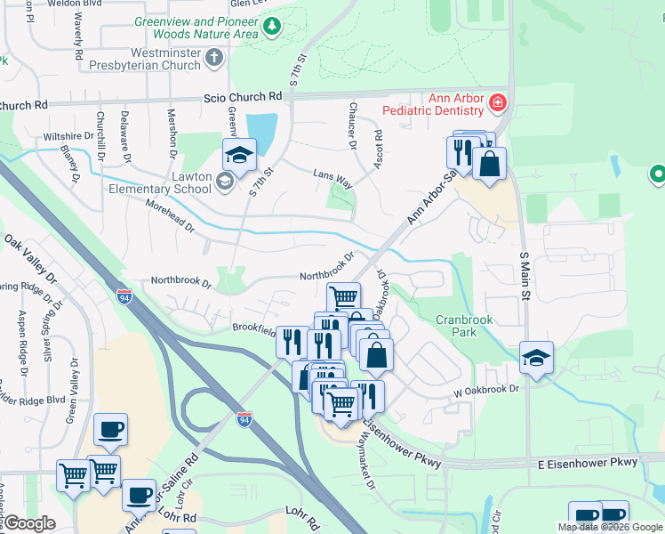 map of restaurants, bars, coffee shops, grocery stores, and more near 1830 Northbrook Drive in Ann Arbor