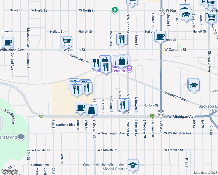 map of restaurants, bars, coffee shops, grocery stores, and more near 215 North Durand Street in Jackson