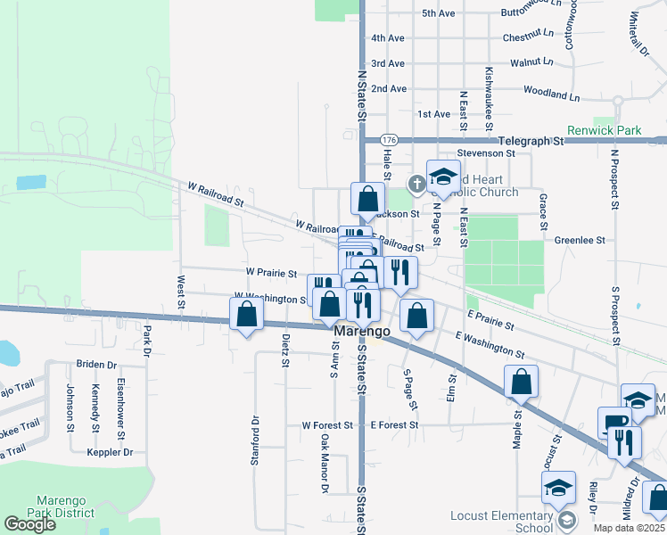 map of restaurants, bars, coffee shops, grocery stores, and more near 124 West Prairie Street in Marengo
