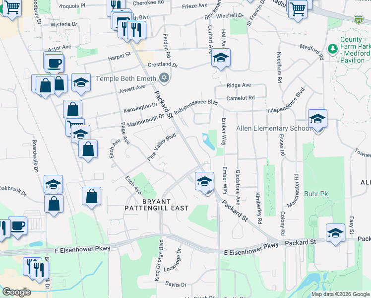 map of restaurants, bars, coffee shops, grocery stores, and more near 2502 Packard Street in Ann Arbor