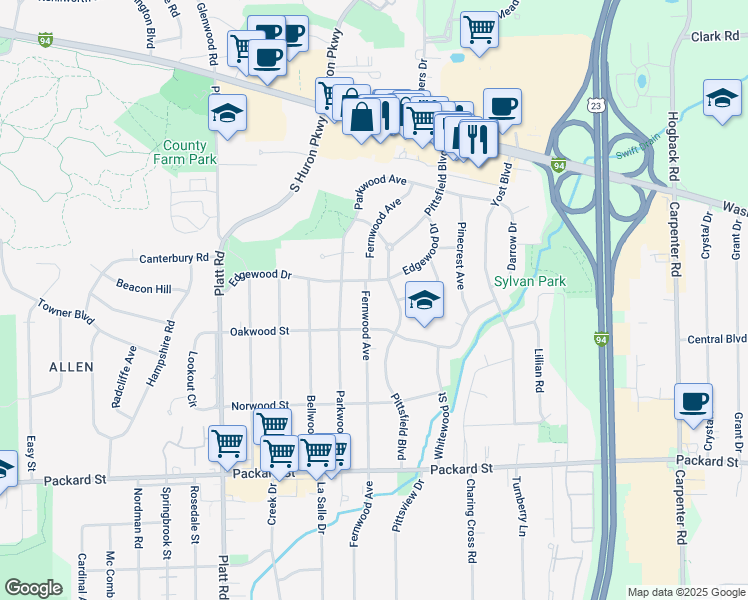 map of restaurants, bars, coffee shops, grocery stores, and more near 2562 Fernwood Avenue in Ann Arbor