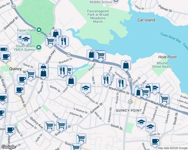 map of restaurants, bars, coffee shops, grocery stores, and more near 41 Mill Street in Quincy