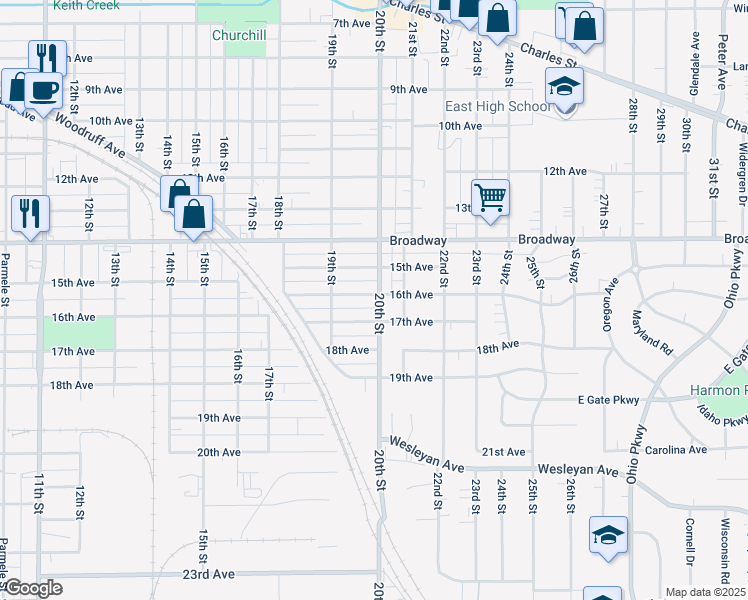 map of restaurants, bars, coffee shops, grocery stores, and more near 2343 16th Avenue in Rockford