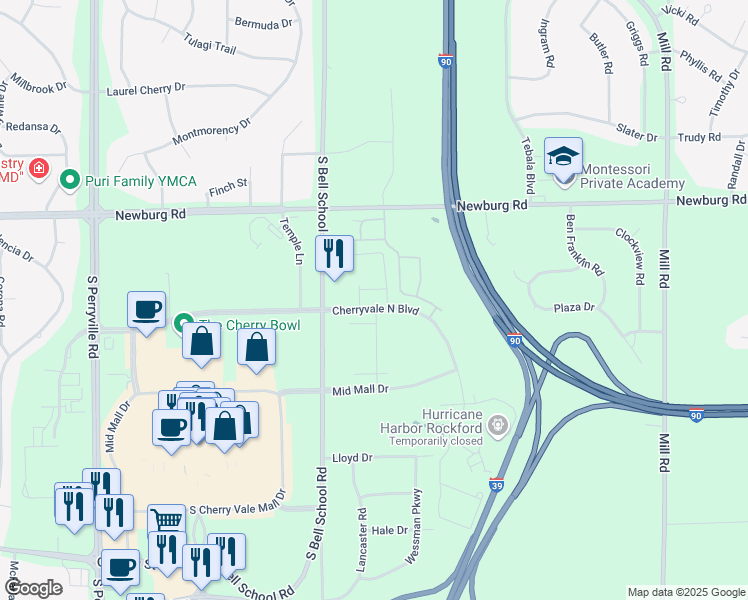 map of restaurants, bars, coffee shops, grocery stores, and more near 7614 Cherryvale North Boulevard in Cherry Valley